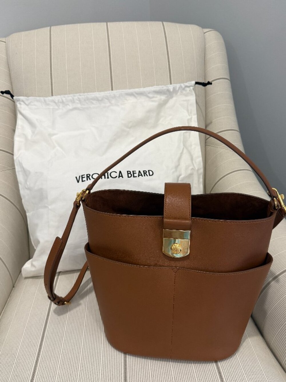 Veronica Beard Large Crest Cognac Bucket Bag